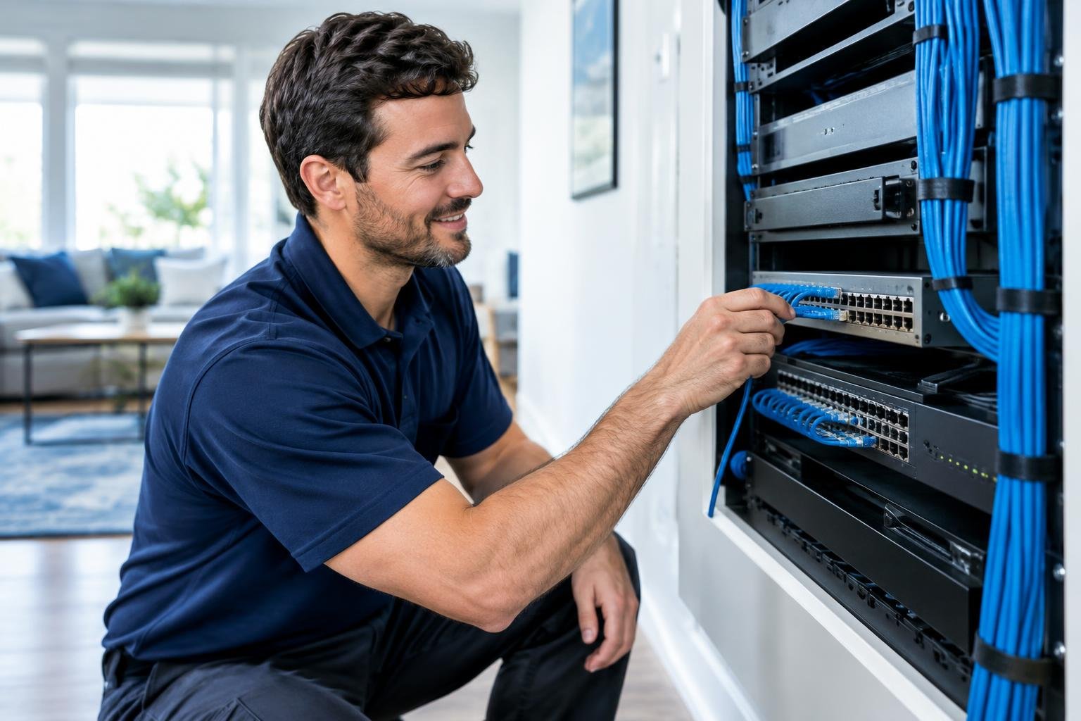 Technician working on a home network rack